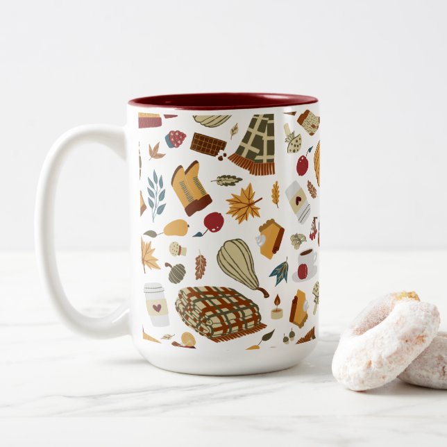 Unique Fall Leaves Autumn Pumpkins Two-Tone Coffee Mug (With Donut)