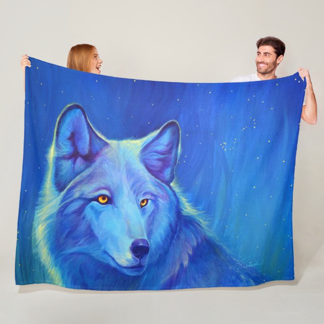 Unique Fantasy Art Blue Wolf Fleece Blanket (In Situ)