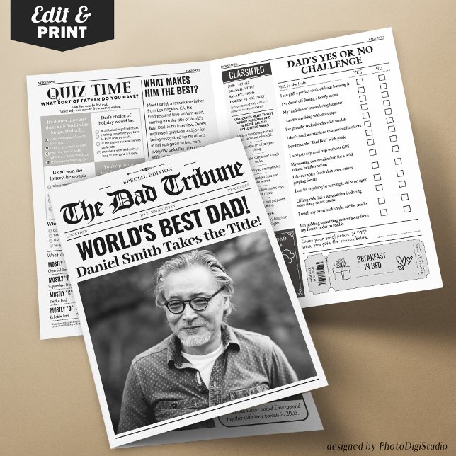 Unique Father's Day Card Newspaper Greeting Card  (Personalized Father's Day Newspaper Card with Games)