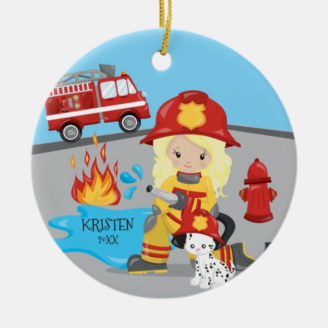 Unique Firefighter Blonde Girl Christmas Ceramic Ornament (Front)