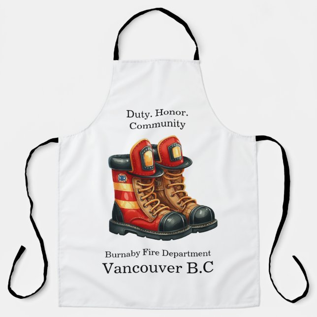 Unique firefighter boots resting after a long day apron (Front)