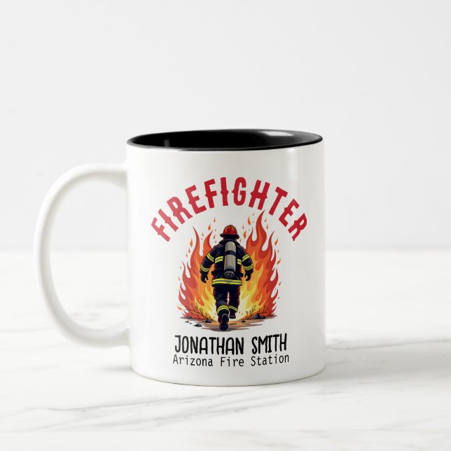 Unique Firefighter or Fireman on Fire Rescue Two-Tone Coffee Mug (Left)
