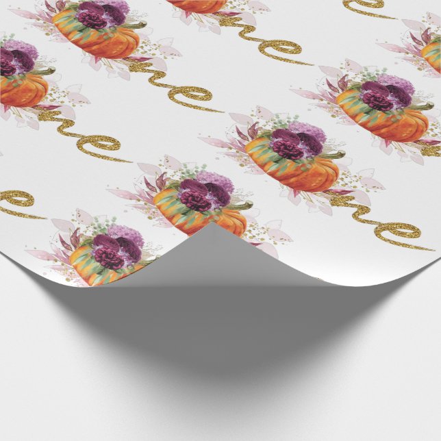 Unique First Birthday Autumn Burgundy Pumpkin Wrapping Paper (Corner)