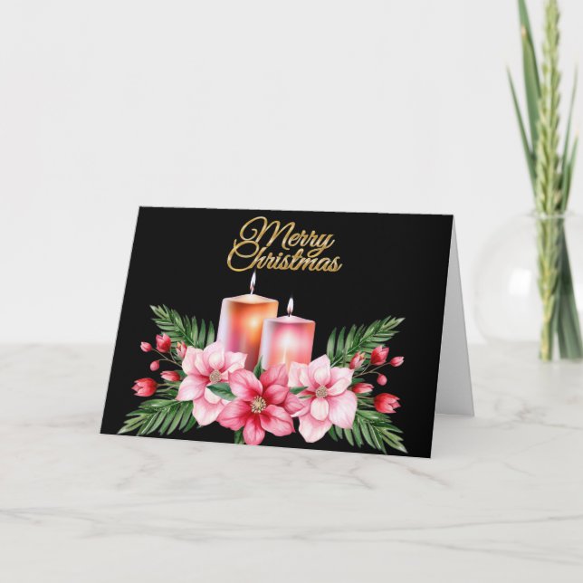 Unique Floral Candle Black Merry Christmas Card (Front)