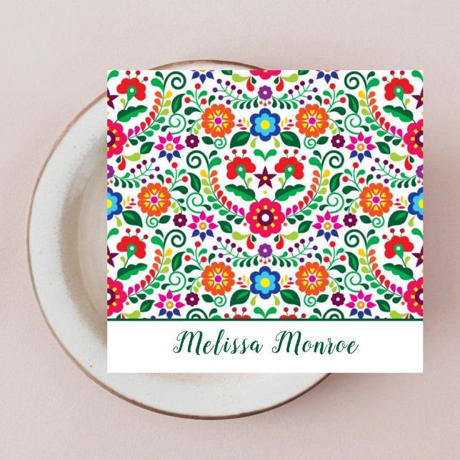 Unique Floral Flowers Pattern Green Typography Square Business Card (Creator Uploaded)