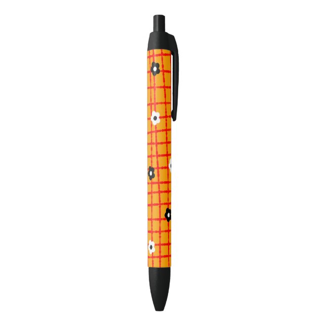 Unique Flower Orange Red Check Pattern Black Ink Pen (Bottom (Vertical))