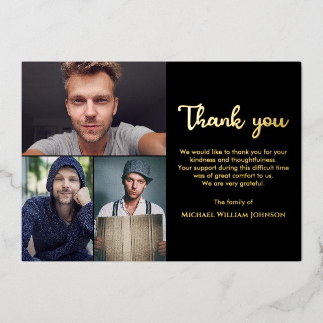 Unique Funeral Memorial 3 Photo Collage Black Gold (Front)