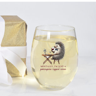 Unique Funny Cute Porcupine Bowtie Wine Lover Stemless Wine Glass