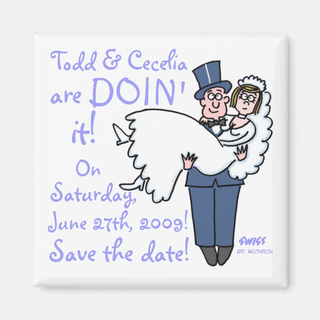 Unique Funny Groom Carries Bride Save The Date Magnet (Front)