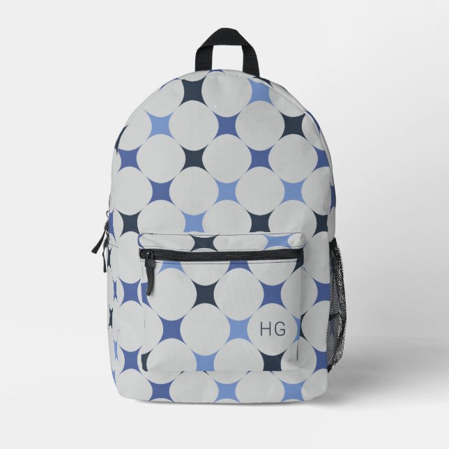 Unique Gender Neutral Blue Monogram Initials Printed Backpack (Front)