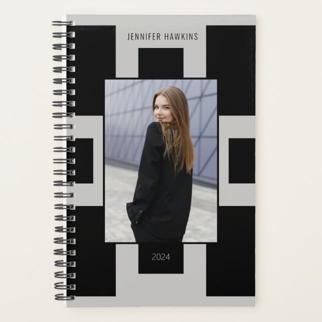 Unique Geometric Black & Grey Women Photo 2024 Planner (Front)