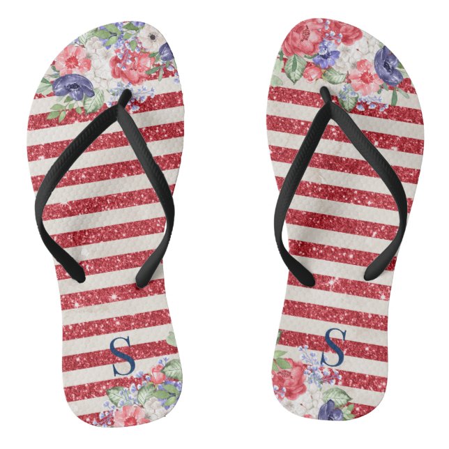 Unique glittery & floral pattern US flag colours  Flip Flops (Footbed)