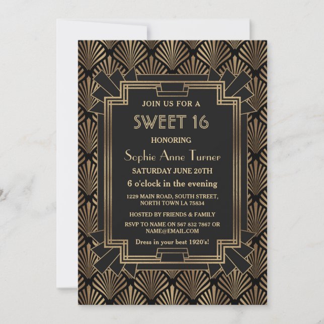 Unique Gold Black Great Gatsby Art Deco SWEET 16 Invitation (Front)