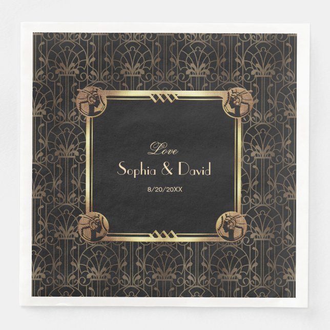Unique Gold Black Great Gatsby Art Deco Wedding Napkin (Front)
