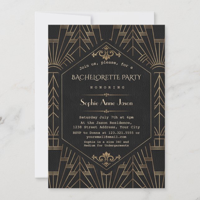 Unique Gold Black Great Gatsby Bachelorette Party Invitation (Front)