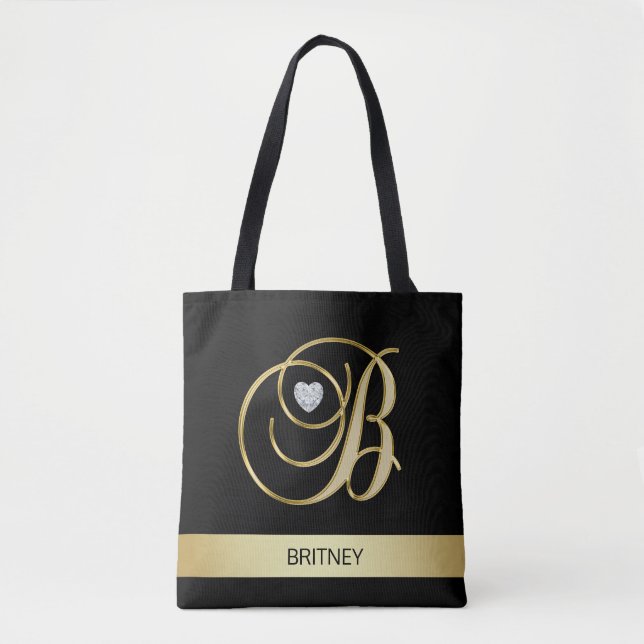 Unique Gold Black Monogrammed Letter Initials B Tote Bag (Front)