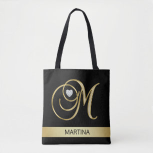 Unique Gold Black Monogrammed Letter Initials M Tote Bag