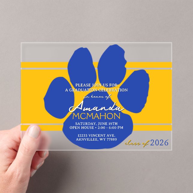 Unique Gold & Blue Graduation Pawprint Elegant Acrylic Invitations (Insitu (Handheld))