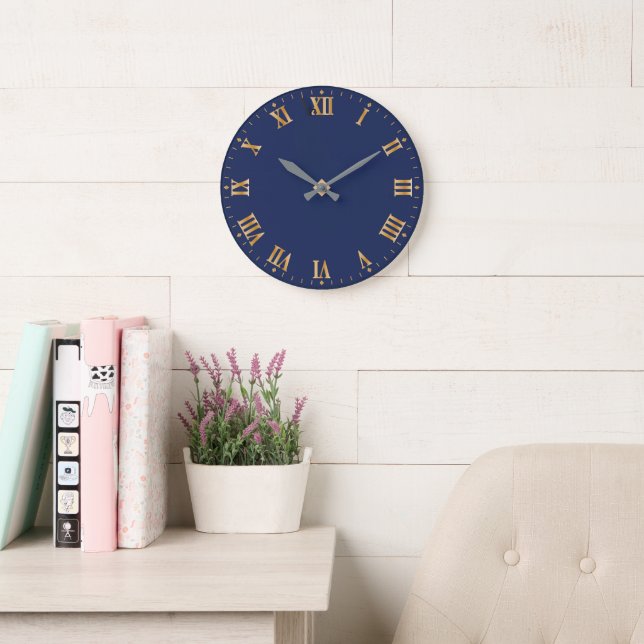 Unique Gold Roman Numeral on Blue Background Large Clock (Reading Room)