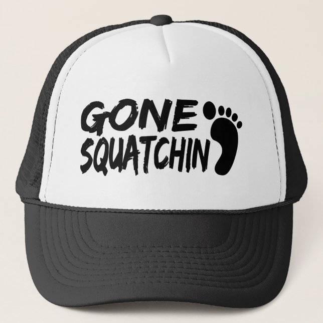 Unique GONE SQUATCHIN logo with FOOTPRINT Trucker Hat (Front)