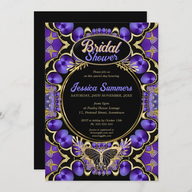 Unique Gothic Glam Purple Gold Bridal Shower Invitation (Front/Back)