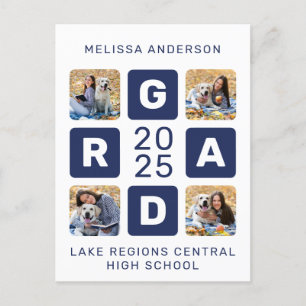Unique Grad Navy Blue White 4 Photo Graduation Invitation Postcard