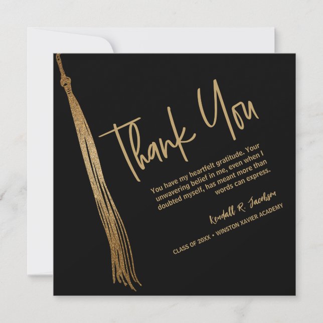 Unique Graduation Black Gold Tassel Grad photo Thank You Card (Front)