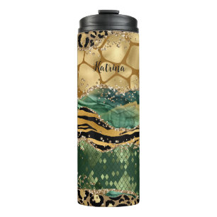 Unique Green and Gold Animal Print Agate Thermal Tumbler