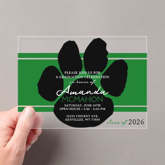 Unique Green & Black Graduation Pawprint Elegant Acrylic Invitations (Insitu (Handheld))