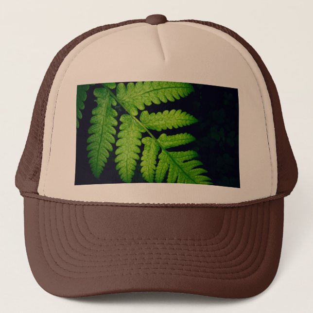Unique Green Leaf Printed Scheme-Cap Tan and Brown Trucker Hat (Front)