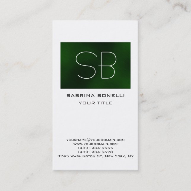 Unique Green Modern Monogram White Business Card (Front)