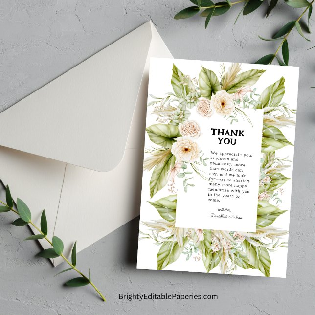 Unique Greenery Bright Pampas Grass Tropical Thank You Card (Tropical Gratitude: Express Thanks with Our Unique Pampas Grass Card.)