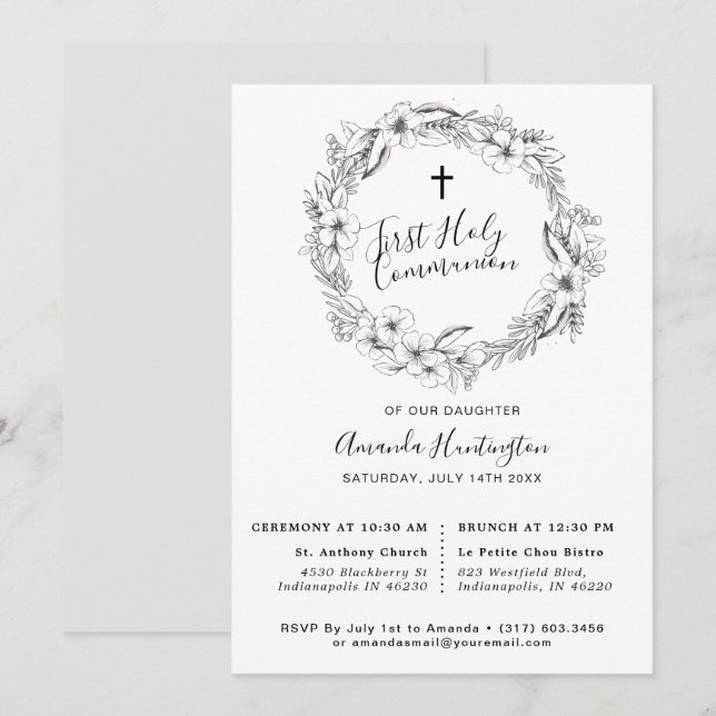 Unique Grey Floral First Holly Communion Invitation (Front/Back)