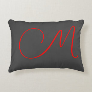 Unique grey red calligraphy monogram name initial accent pillow