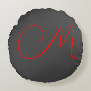 Unique grey red calligraphy monogram name initial round pillow
