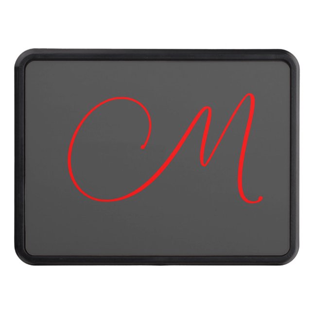 Unique grey red calligraphy monogram name initial trailer hitch cover (Front)