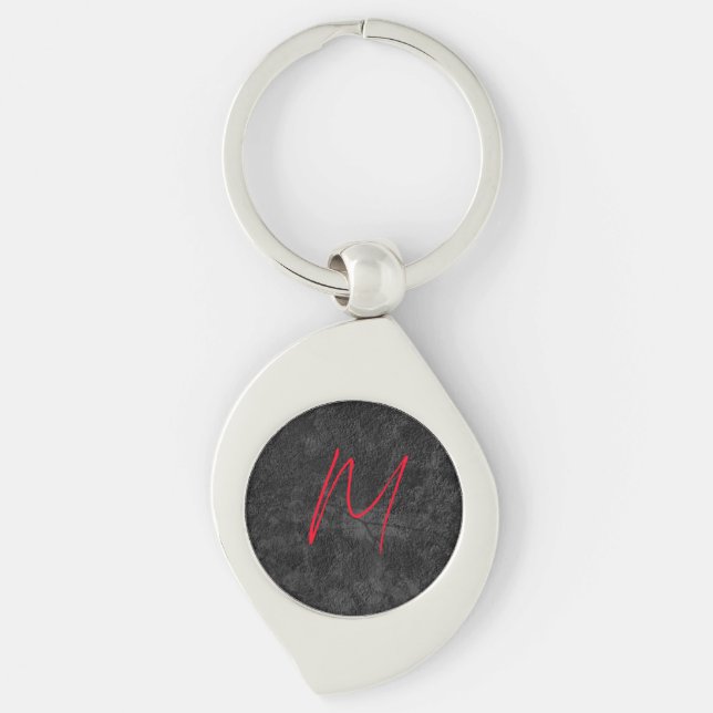 Unique grey red monogram name initial calligraphy keychain (Front)