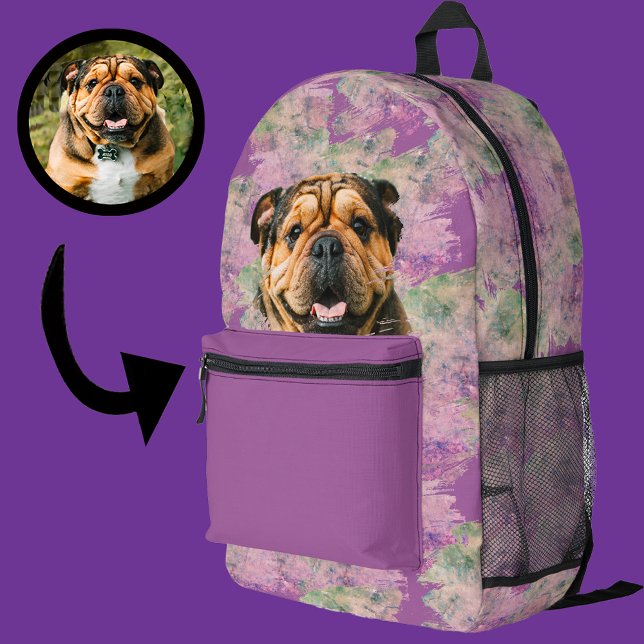 Unique Grunge Pink Lilac Bulldog Dog Lover Photo Printed Backpack (Creator Uploaded)