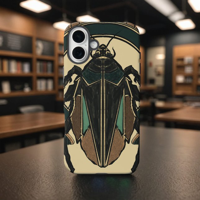 Unique Hand Drawn Cockroach Bold Deco Brown Teal iPhone Case (Hand-drawn cockroach phone case in art deco style, brown and teal on a vintage parchment background)