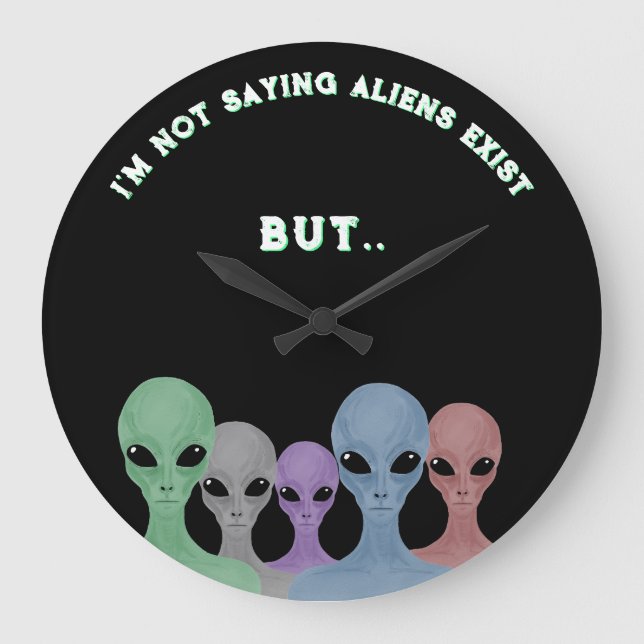 Unique Hand Drawn Multi Coloured Aliens  Large Clock (Front)