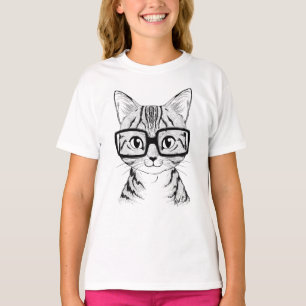 Unique Hand Drawn Nerdy Cat Girl's Baseball Tee