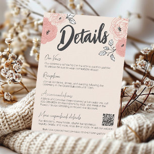 Unique Hand Drawn Pink Floral Wedding Details Enclosure Card