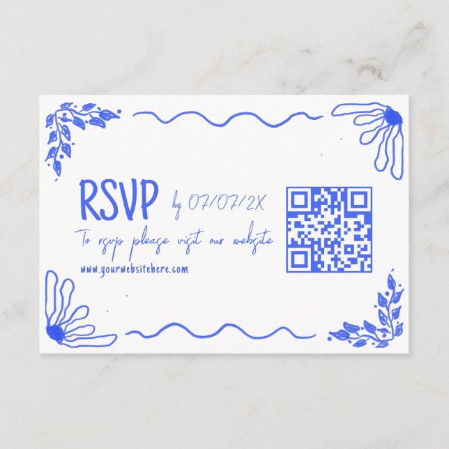 Unique Hand Drawn Quirky Doodle French Blue RSVP Enclosure Card (Front)