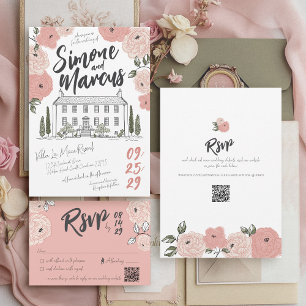 Unique Hand Drawn Villa Dusty Rose Floral Wedding Invitation