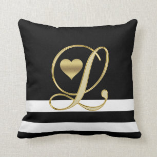 Unique Heart Monogram Gold Initials Black/White Throw Pillow