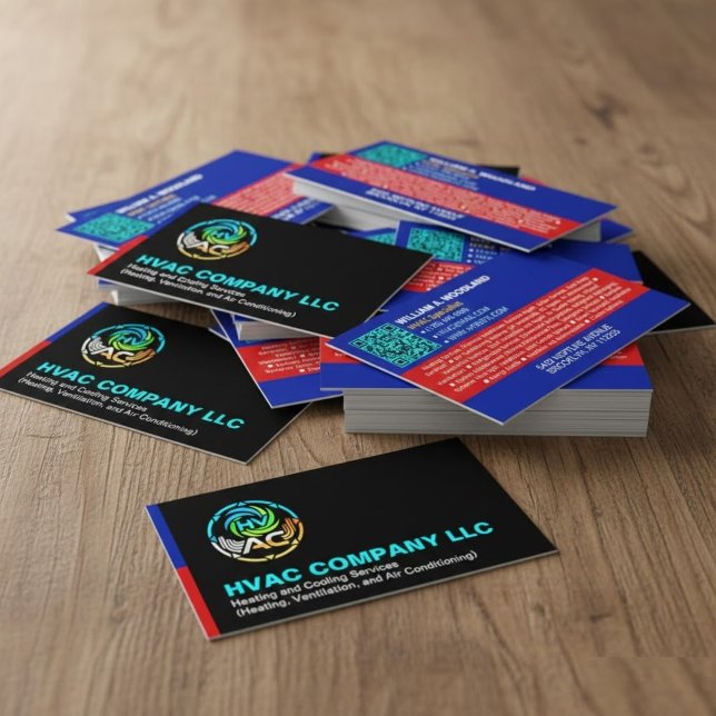 Unique Heating & Cooling Logo | Black HVAC Company Business Card (professional cards for contractors, HVAC company brand materials, air conditioning repair business)