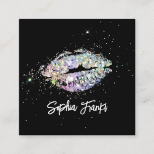 Unique Holographic Glitter Lips Beauty Black Square Business Card