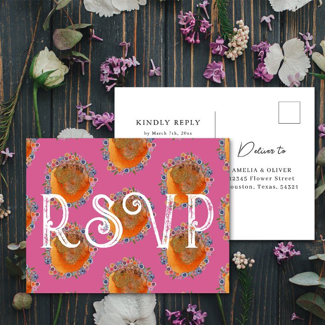 Unique Hot Pink Watercolor Wildflower Wedding RSVP Postcard (Front/Back)