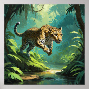 Unique Jumping Leopard Wildlife Art Poster