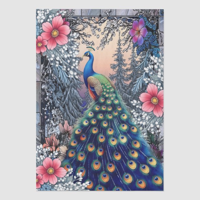 Unique Large Winter Floral Peacock Decoupage Tissue Paper (Front)